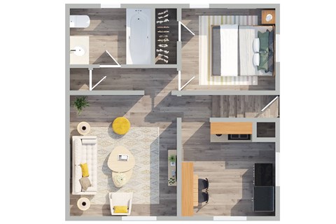 A top-down view of a room with a couch, chair, table, and a yellow ball.